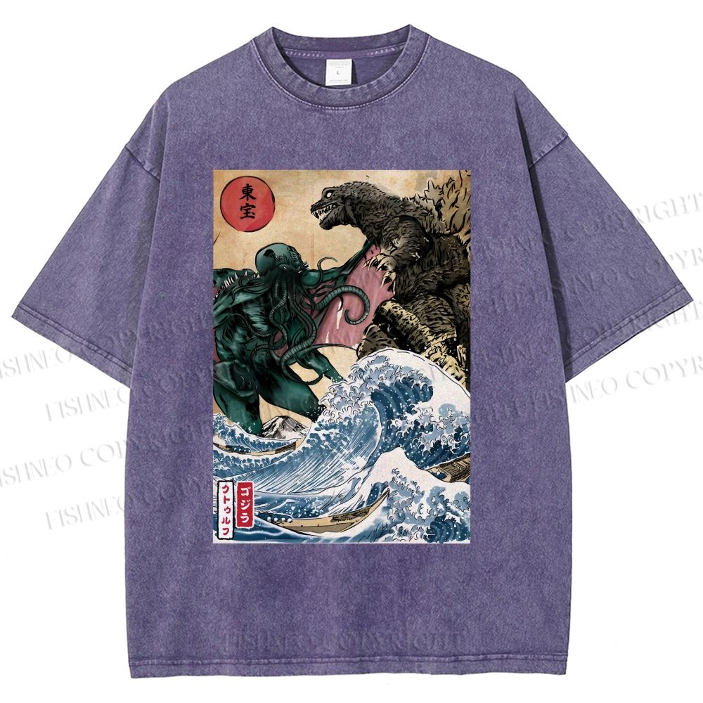 Unisex Wave Godzilla Printed Washed Tee