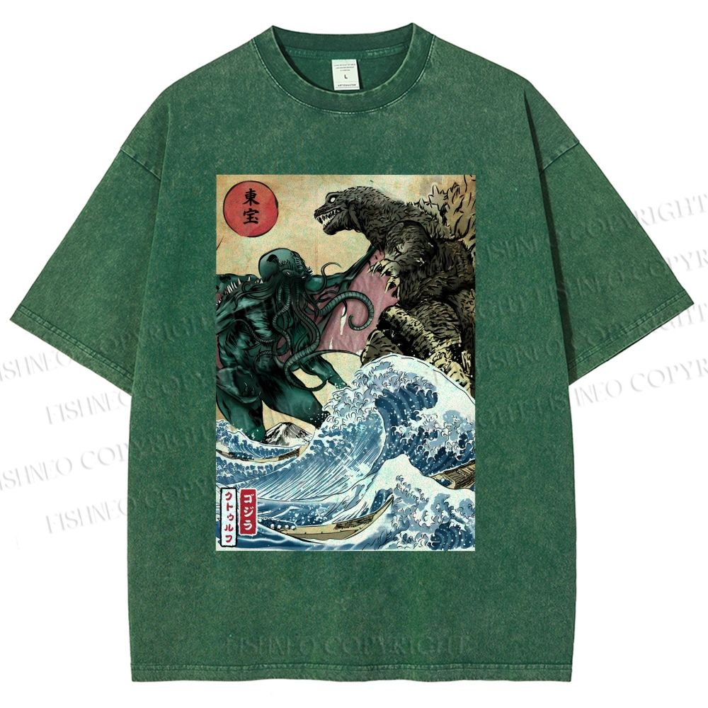 Unisex Wave Godzilla Printed Washed Tee
