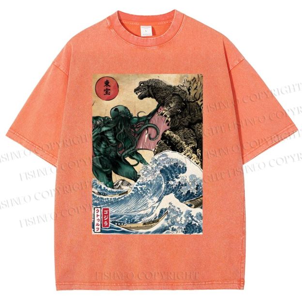 Unisex Wave Godzilla Printed Washed Tee