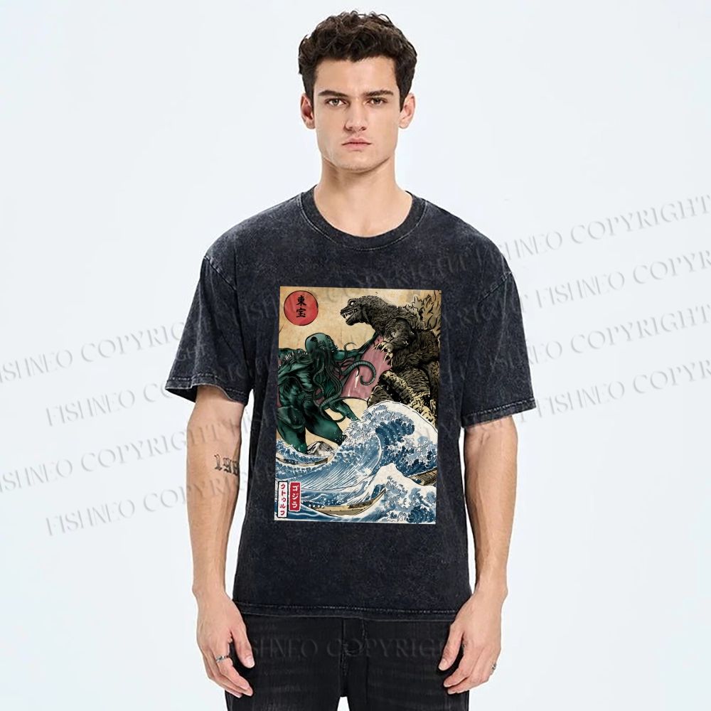 Unisex Wave Godzilla Printed Washed Tee