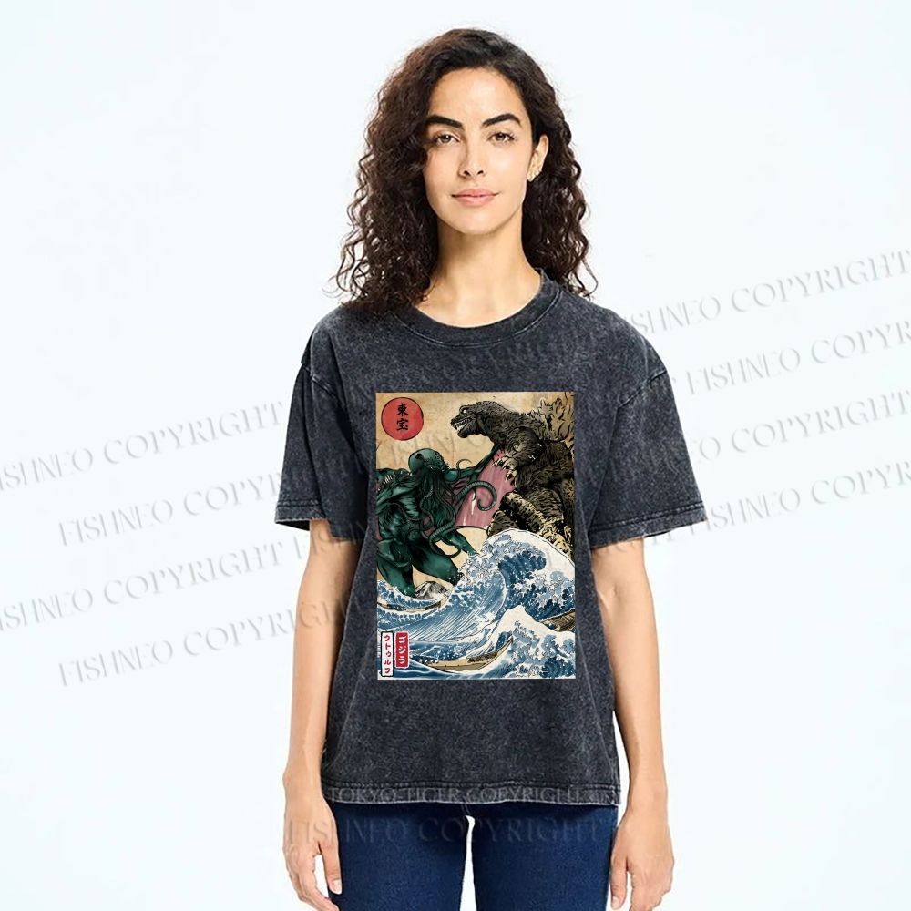 Unisex Wave Godzilla Printed Washed Tee