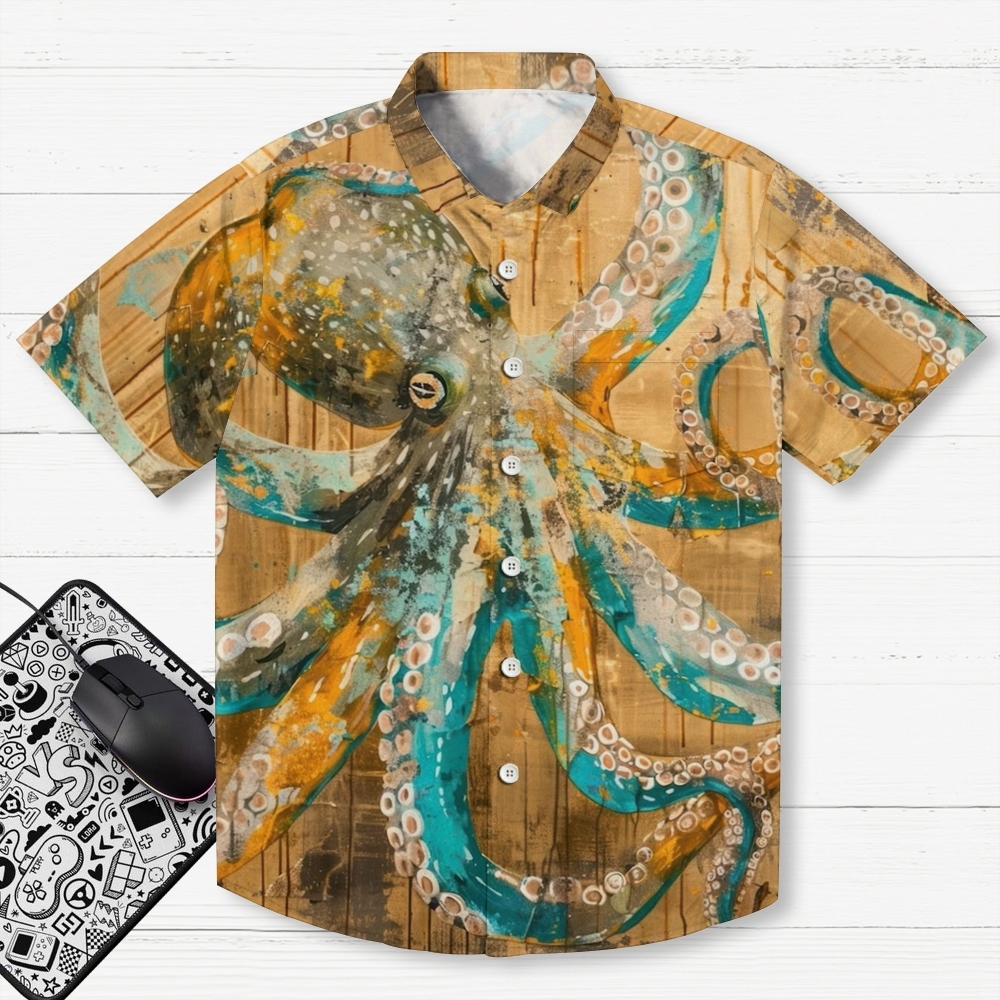Vintage Octopus Pattern Art Print Casual 100% Cotton Shirt