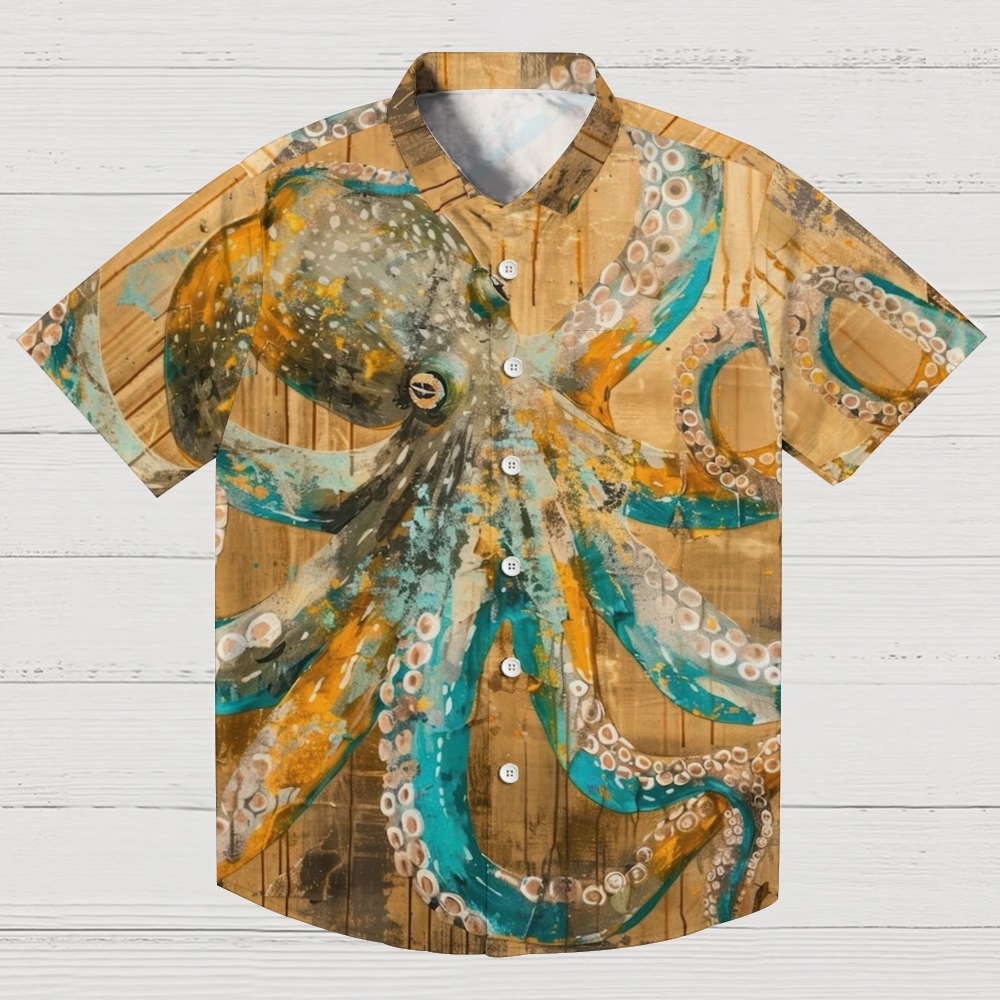 Vintage Octopus Pattern Art Print Casual 100% Cotton Shirt