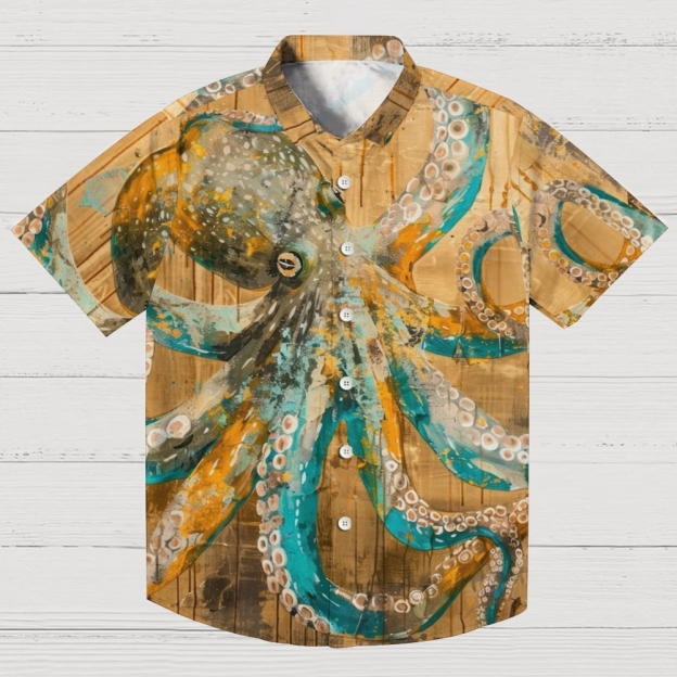 Vintage Octopus Pattern Art Print Casual 100% Cotton Shirt