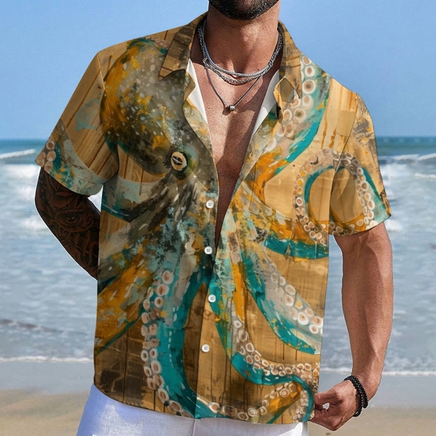 Vintage Octopus Pattern Art Print Casual 100% Cotton Shirt
