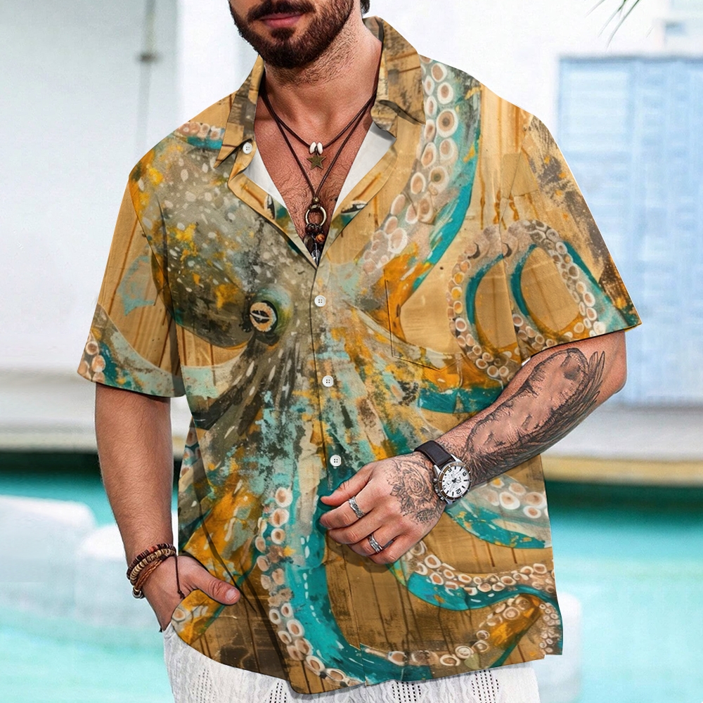 Vintage Octopus Pattern Art Print Casual 100% Cotton Shirt