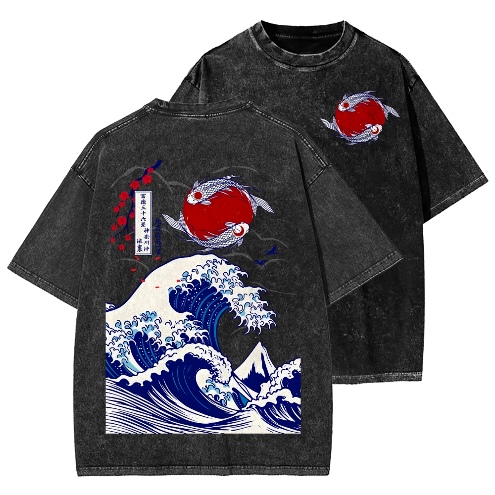 Unisex The Great Wave off Kanagawa Front And Back Printed Washed Tee