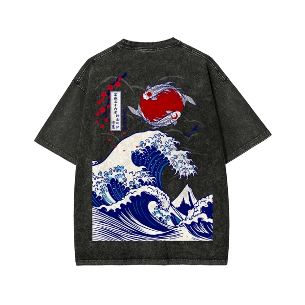 Unisex The Great Wave off Kanagawa Front And Back Printed Washed Tee