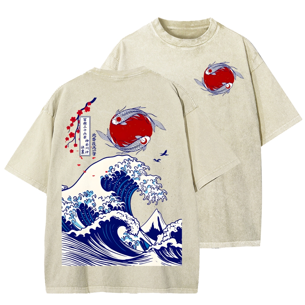 Unisex The Great Wave off Kanagawa Front And Back Printed Washed Tee
