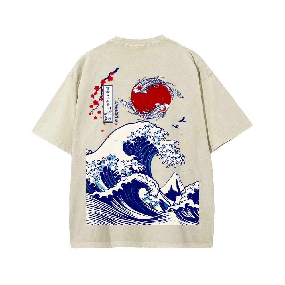 Unisex The Great Wave off Kanagawa Front And Back Printed Washed Tee