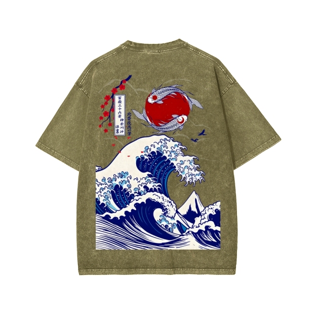 Unisex The Great Wave off Kanagawa Front And Back Printed Washed Tee