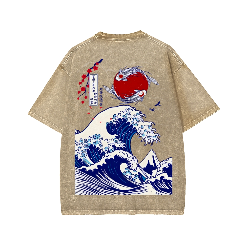 Unisex The Great Wave off Kanagawa Front And Back Printed Washed Tee