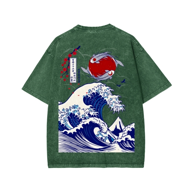 Unisex The Great Wave off Kanagawa Front And Back Printed Washed Tee