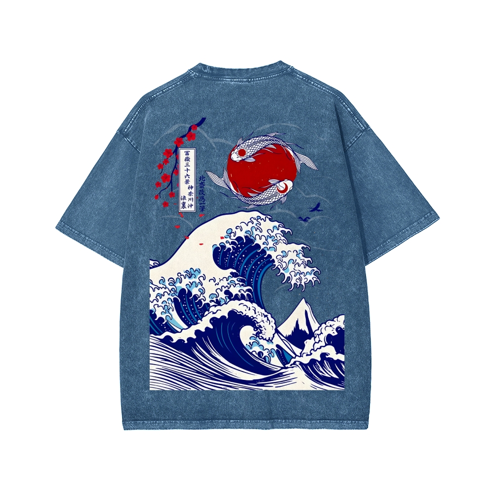 Unisex The Great Wave off Kanagawa Front And Back Printed Washed Tee