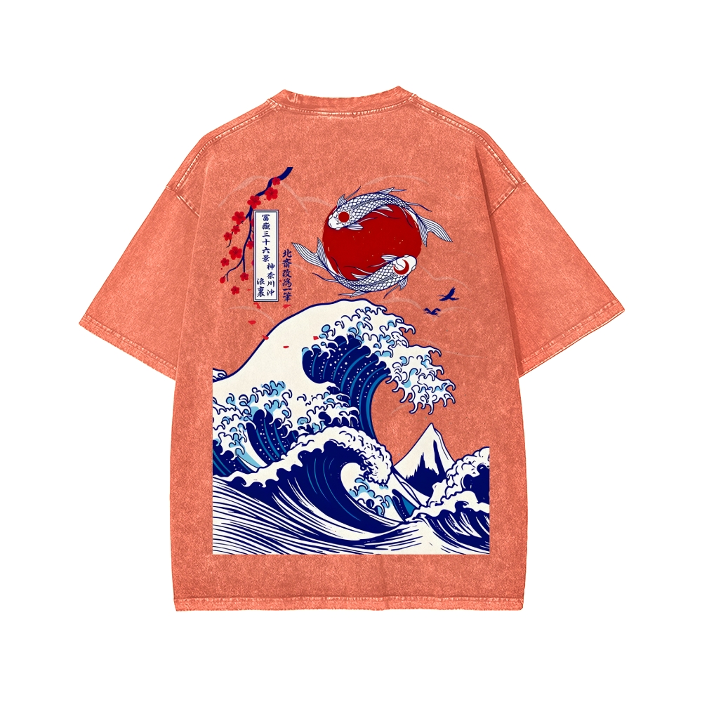 Unisex The Great Wave off Kanagawa Front And Back Printed Washed Tee