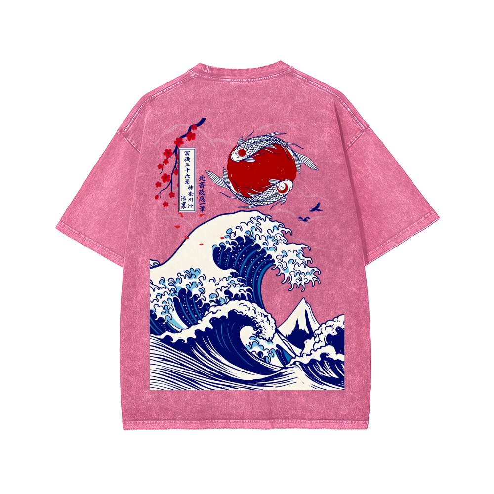Unisex The Great Wave off Kanagawa Front And Back Printed Washed Tee