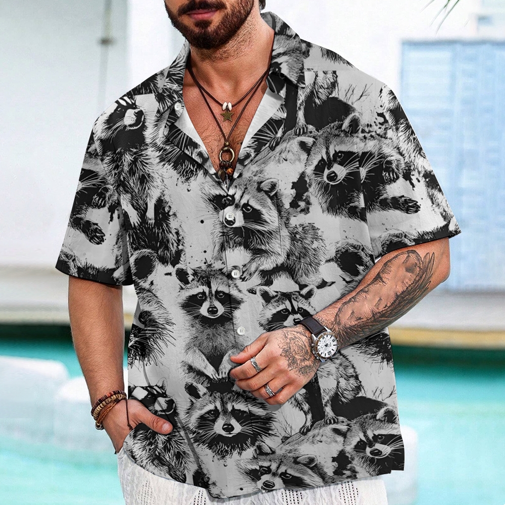 Playful Raccoon White Button-up Shirt