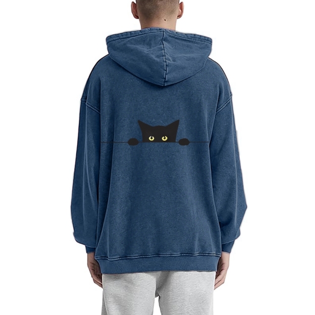 Cat Vintage Washed Cotton Back Art Hoodie