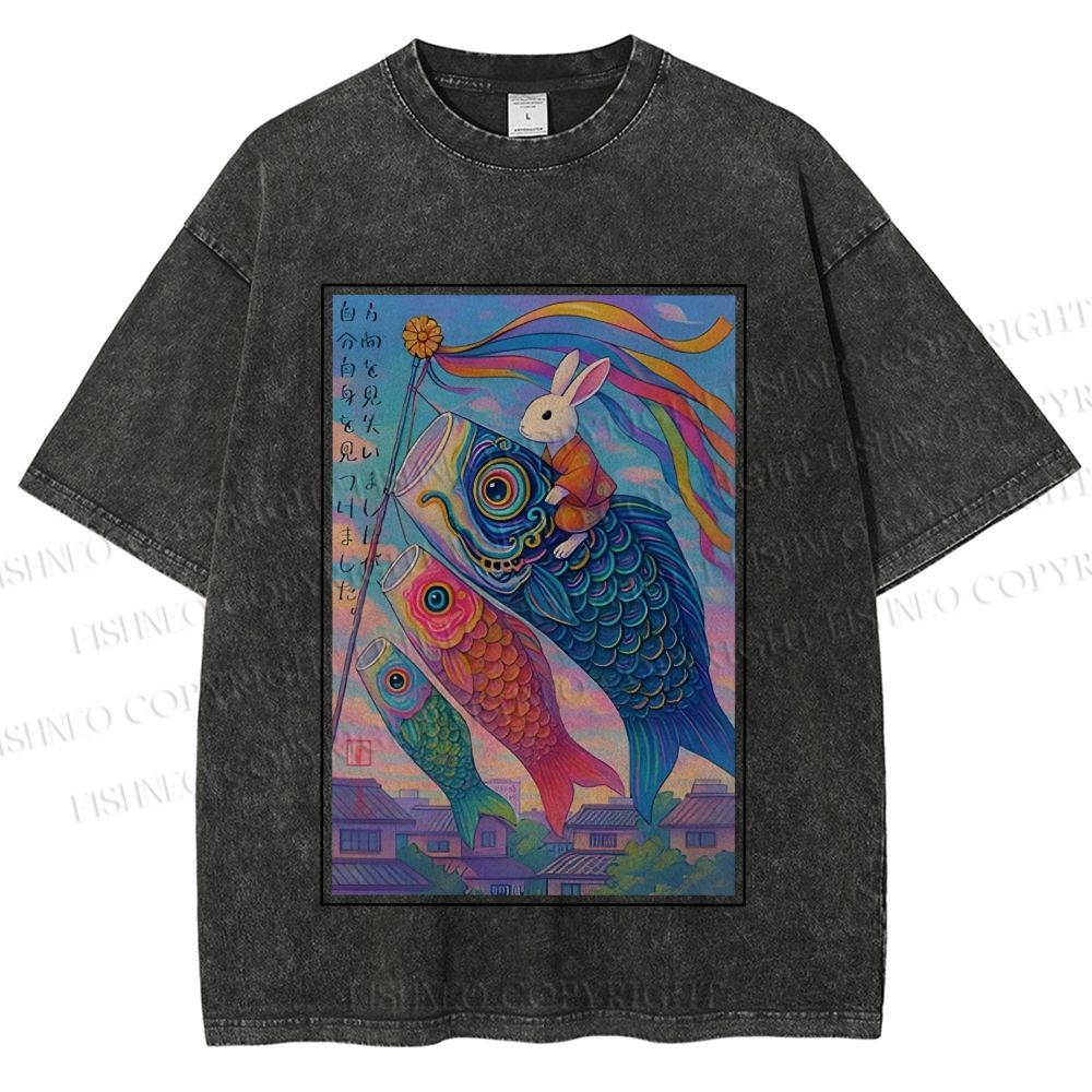 Unisex Vintage Japanese Koi Fish Flag Bunny Printed Washed Tee
