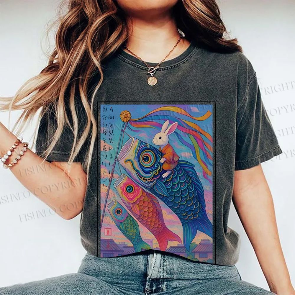 Unisex Vintage Japanese Koi Fish Flag Bunny Printed Washed Tee