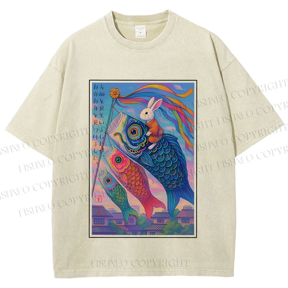 Unisex Vintage Japanese Koi Fish Flag Bunny Printed Washed Tee
