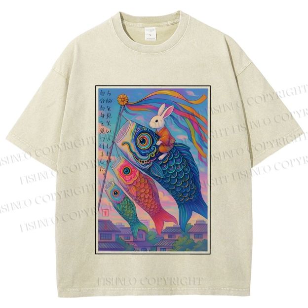 Unisex Vintage Japanese Koi Fish Flag Bunny Printed Washed Tee