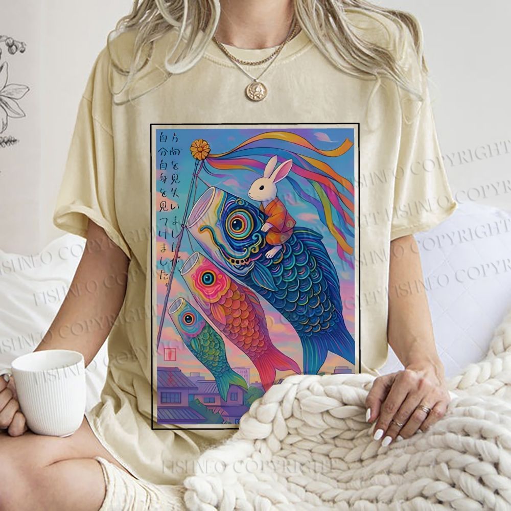 Unisex Vintage Japanese Koi Fish Flag Bunny Printed Washed Tee