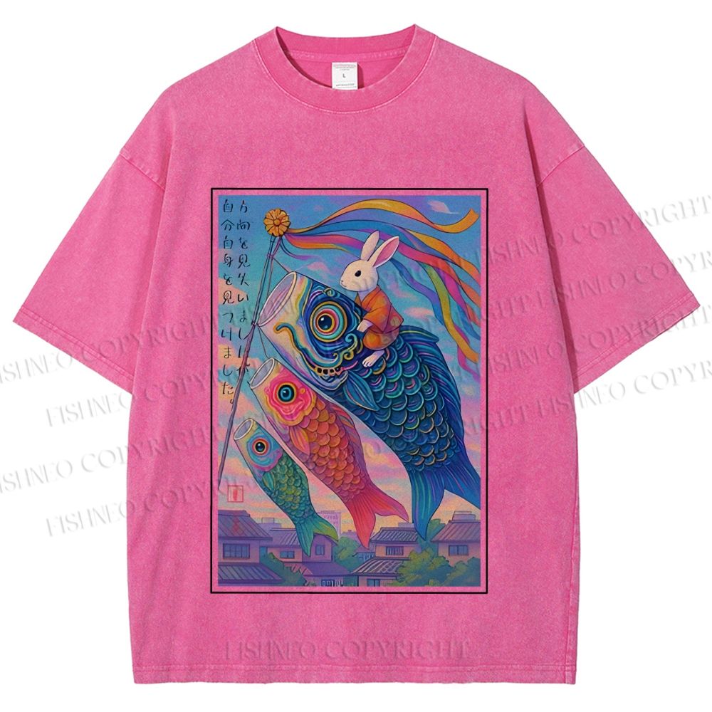 Unisex Vintage Japanese Koi Fish Flag Bunny Printed Washed Tee