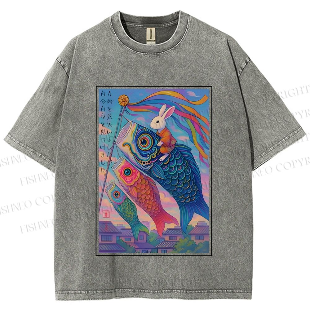 Unisex Vintage Japanese Koi Fish Flag Bunny Printed Washed Tee