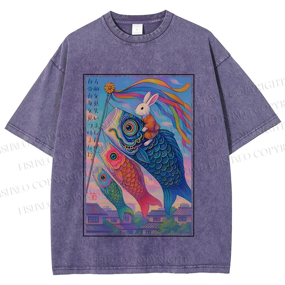 Unisex Vintage Japanese Koi Fish Flag Bunny Printed Washed Tee