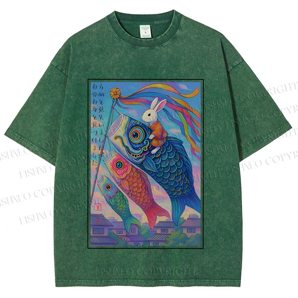 Unisex Vintage Japanese Koi Fish Flag Bunny Printed Washed Tee
