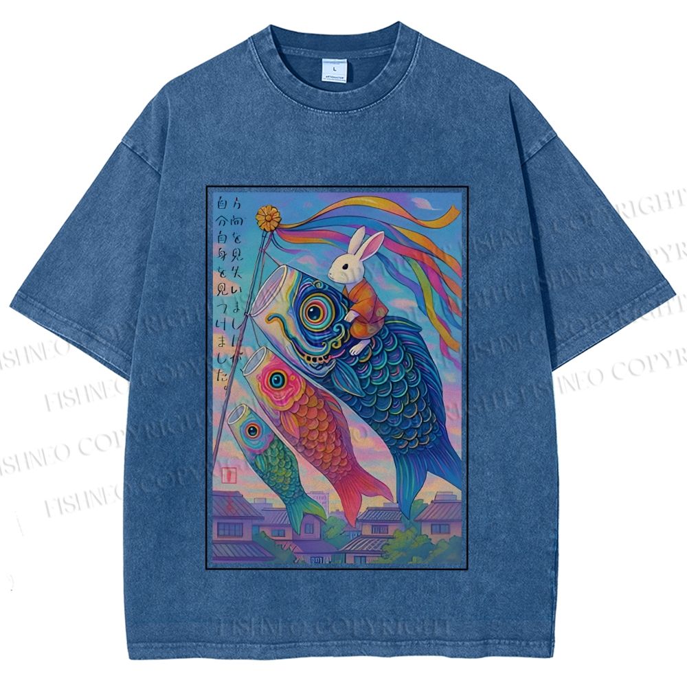 Unisex Vintage Japanese Koi Fish Flag Bunny Printed Washed Tee