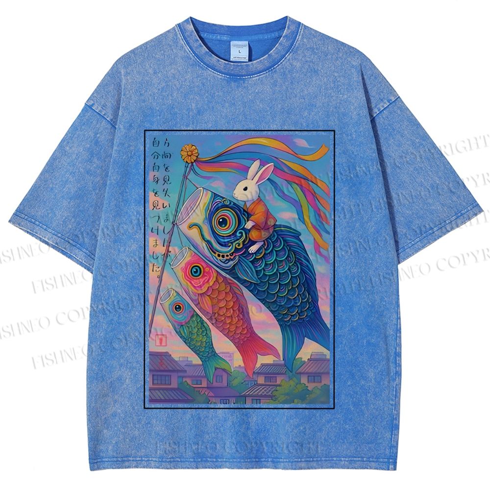 Unisex Vintage Japanese Koi Fish Flag Bunny Printed Washed Tee