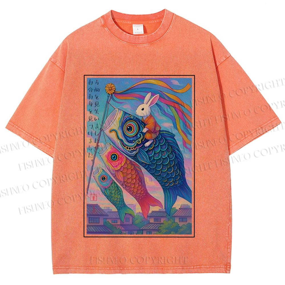 Unisex Vintage Japanese Koi Fish Flag Bunny Printed Washed Tee