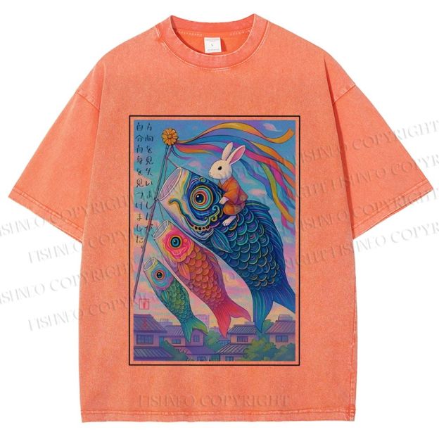 Unisex Vintage Japanese Koi Fish Flag Bunny Printed Washed Tee