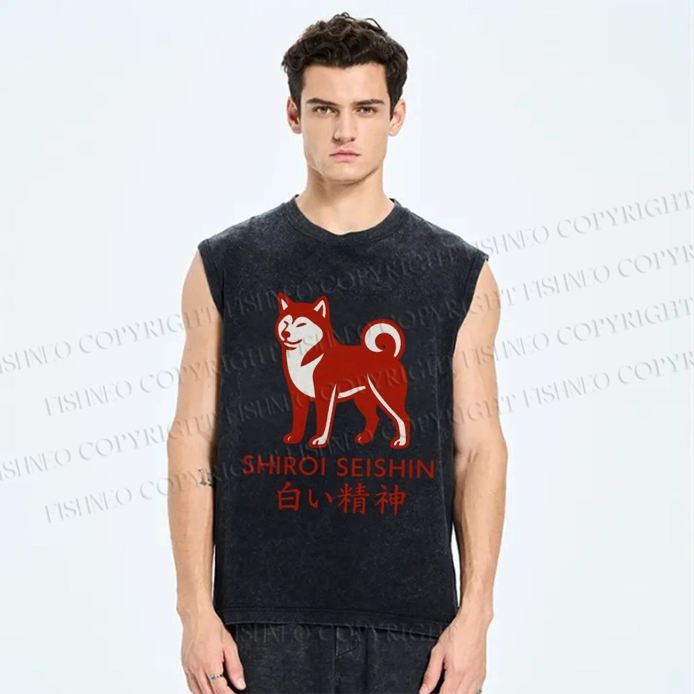 Unisex Shirol Seishin Dog Printed Washed Tank Top