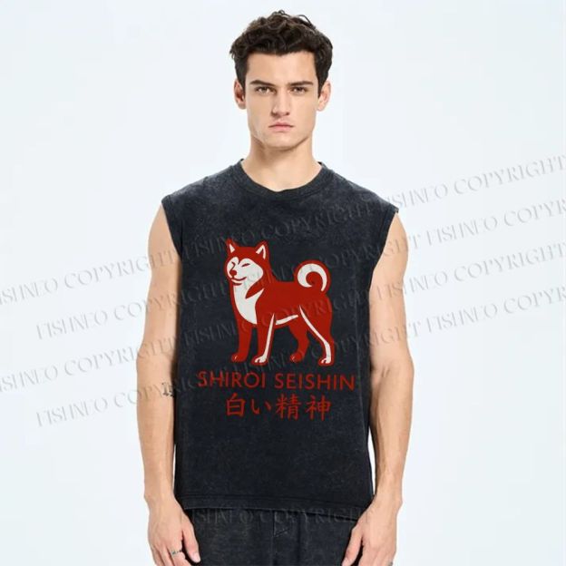 Unisex Shirol Seishin Dog Printed Washed Tank Top