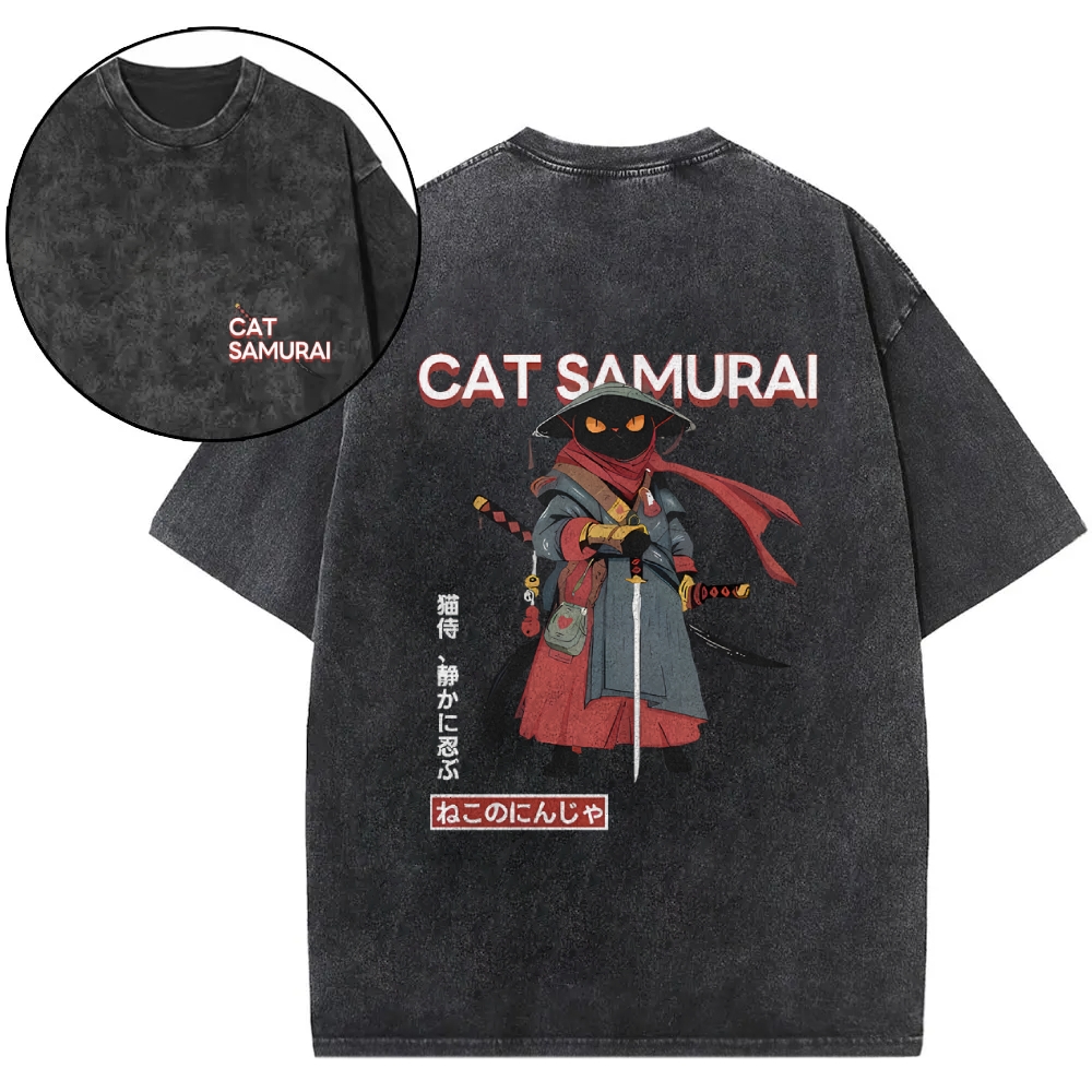 Cat Samurai Vintage Wash Japanese Design Back Art T-Shirt