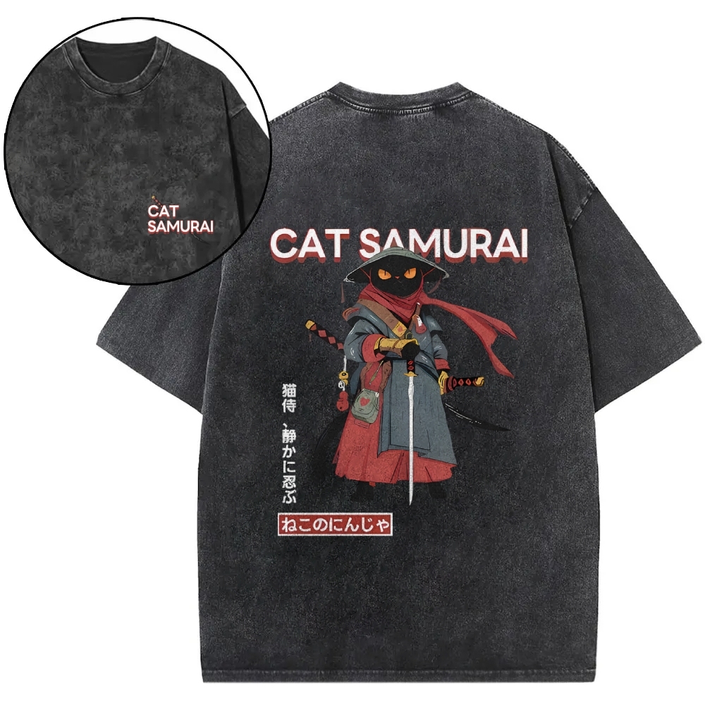 Cat Samurai Vintage Wash Japanese Design Back Art T-Shirt