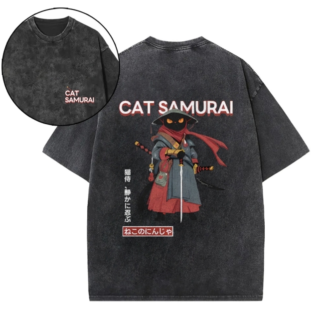Cat Samurai Vintage Wash Japanese Design Back Art T-Shirt
