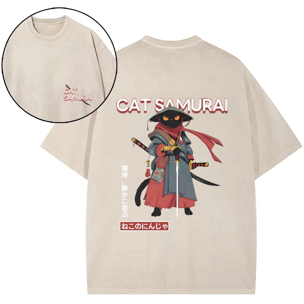 Cat Samurai Vintage Wash Japanese Design Back Art T-Shirt