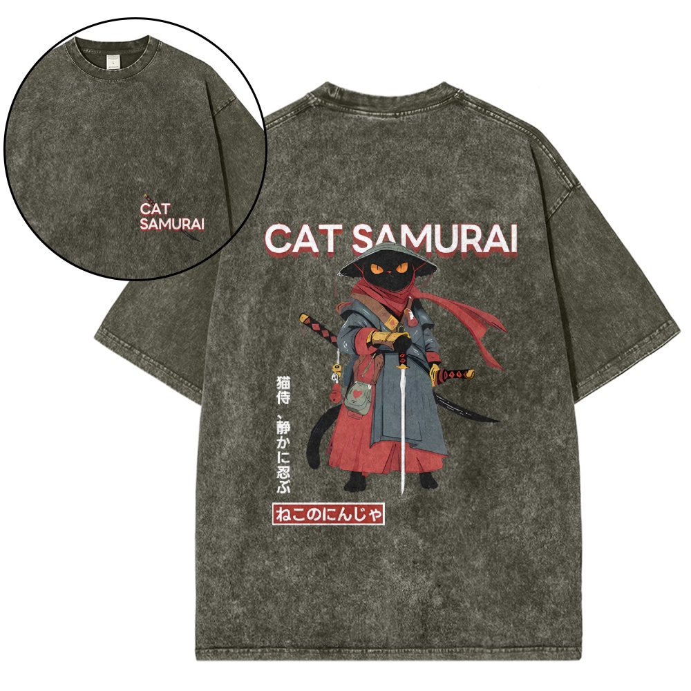 Cat Samurai Vintage Wash Japanese Design Back Art T-Shirt