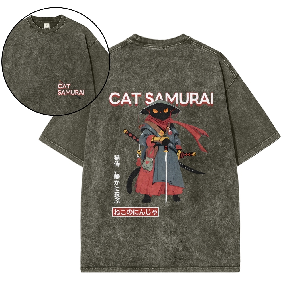 Cat Samurai Vintage Wash Japanese Design Back Art T-Shirt