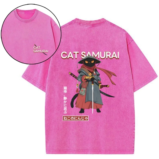 Cat Samurai Vintage Wash Japanese Design Back Art T-Shirt
