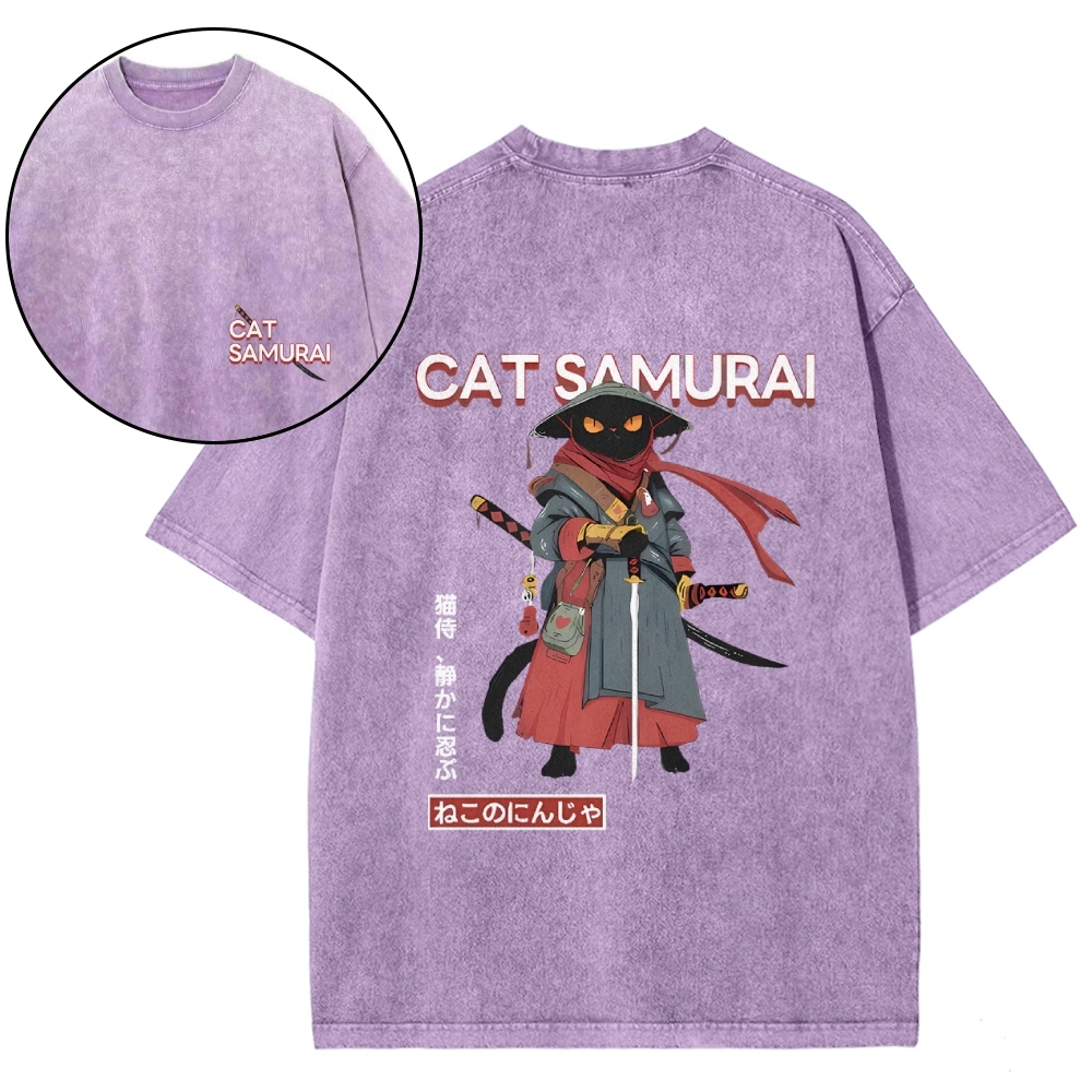 Cat Samurai Vintage Wash Japanese Design Back Art T-Shirt