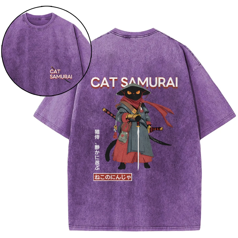 Cat Samurai Vintage Wash Japanese Design Back Art T-Shirt