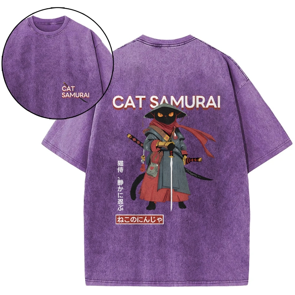 Cat Samurai Vintage Wash Japanese Design Back Art T-Shirt