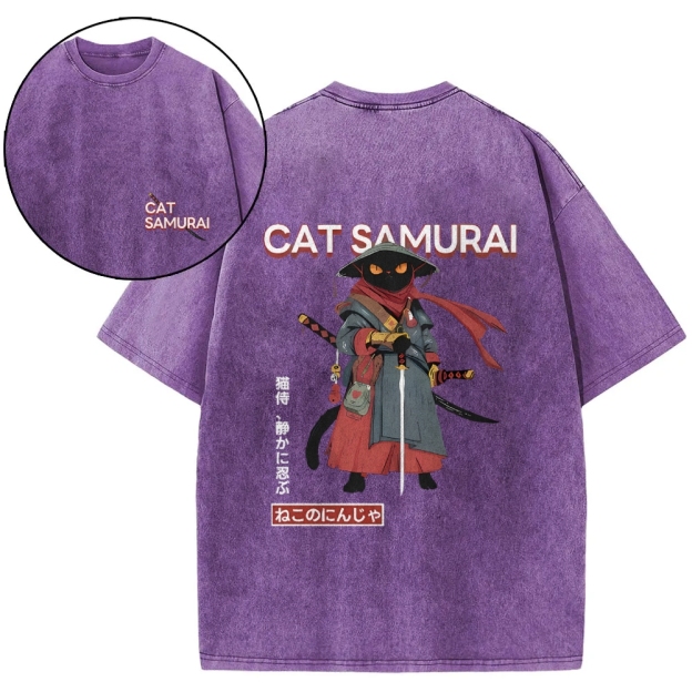 Cat Samurai Vintage Wash Japanese Design Back Art T-Shirt
