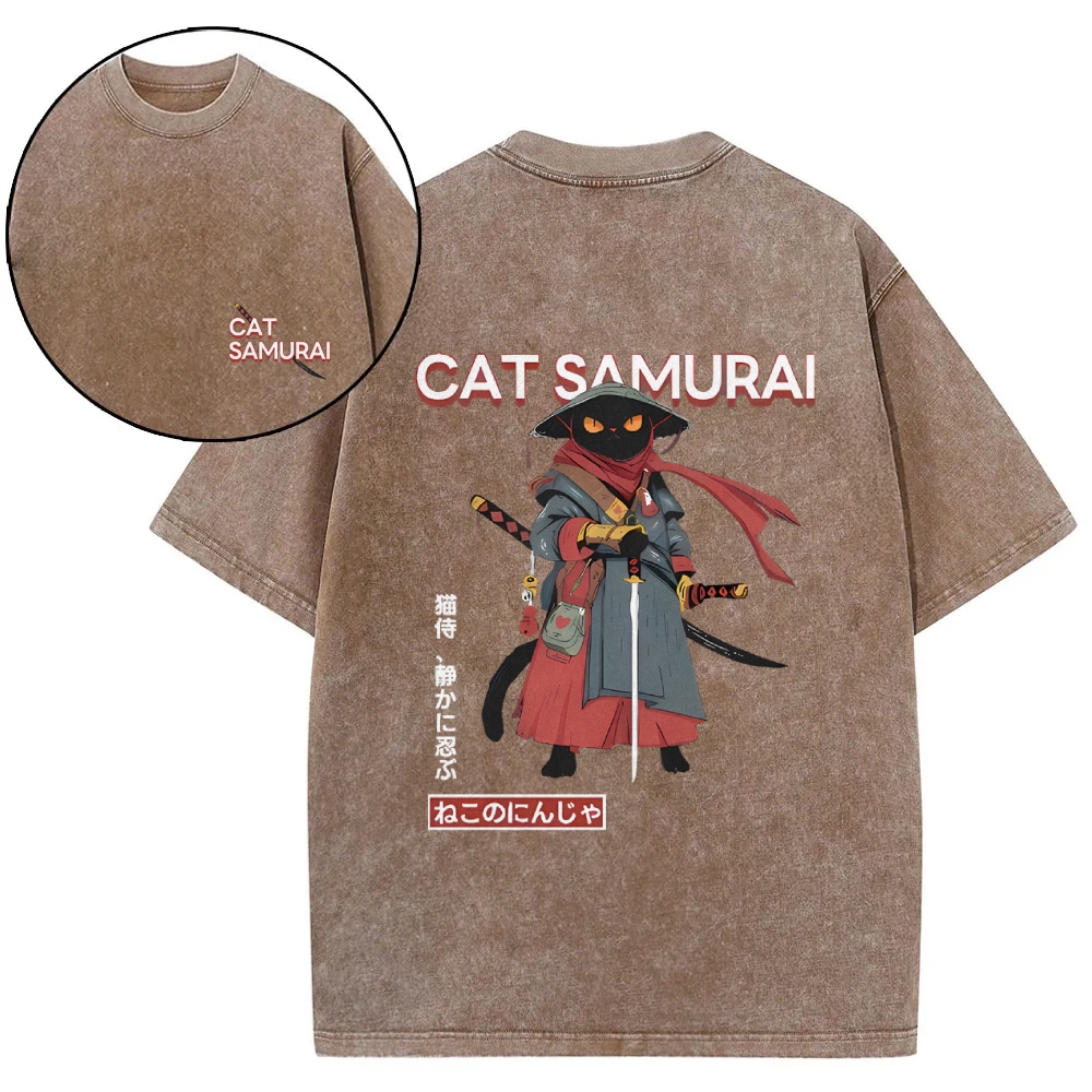 Cat Samurai Vintage Wash Japanese Design Back Art T-Shirt