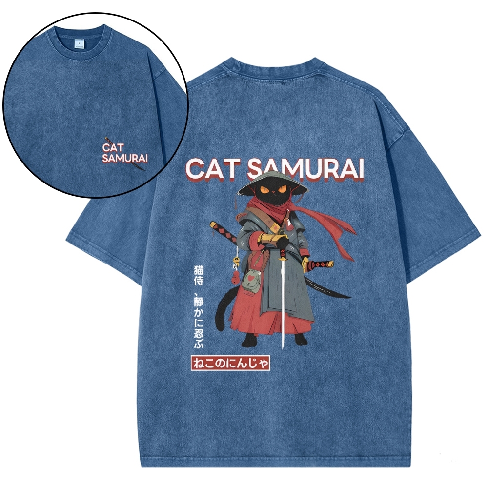Cat Samurai Vintage Wash Japanese Design Back Art T-Shirt